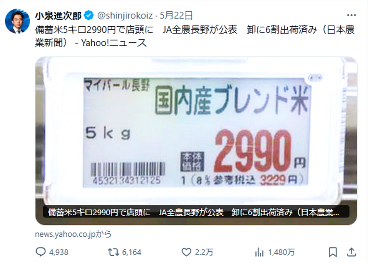 小泉進次郎農林水産相 米 X